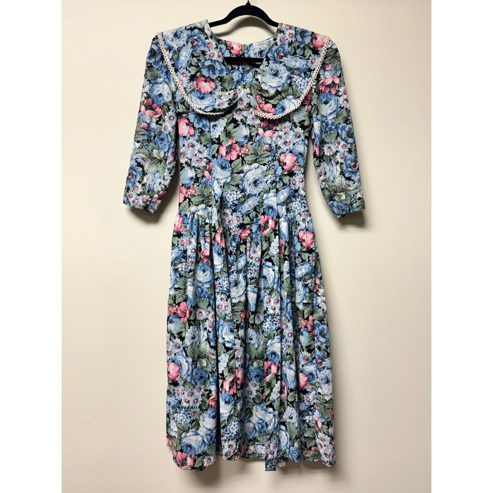 ITEMS 80's Floral Lace Trim Tie Back Shoulder Pads Dropped Waist Midi Dress, S